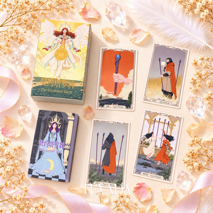 The Covenant Tarot box beside six medieval-inspired Major Arcana card fronts on a pink floral background.