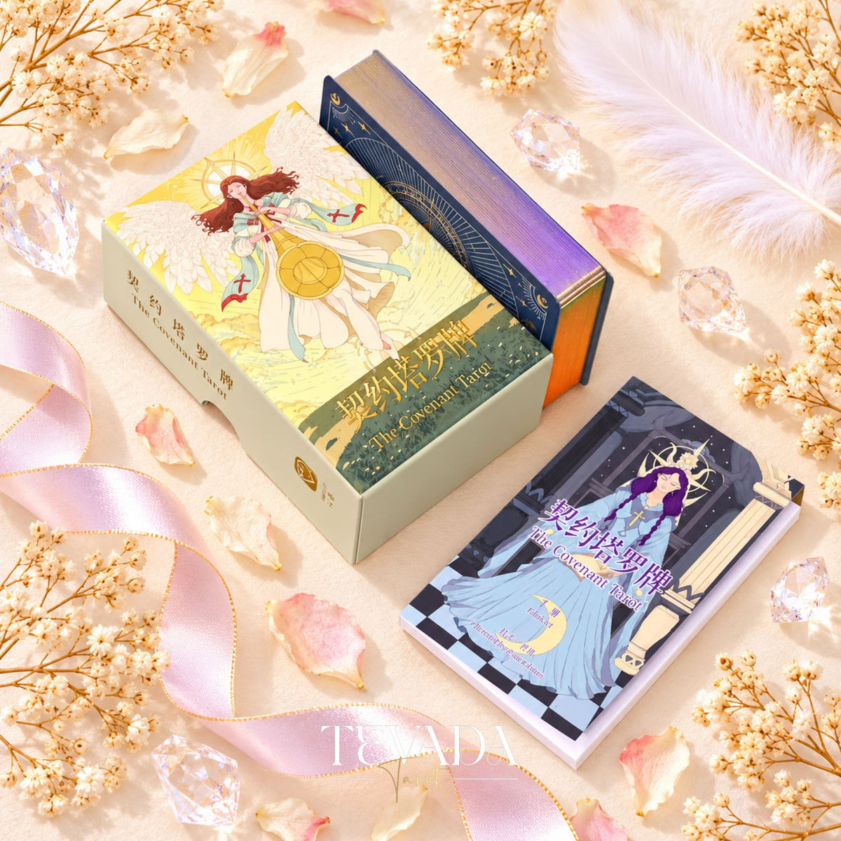 The Covenant Tarot open rigid box with a stacked deck showing The High Priestess and the illustrated box lid.