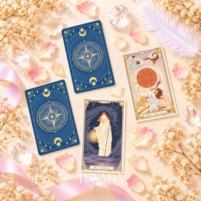 The Covenant Tarot blue celestial card backs displayed beside The Hermit and Ace of Pentacles card fronts.