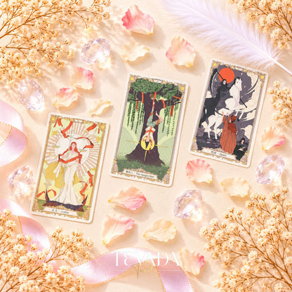 The Covenant Tarot Judgement, The Hanged Man and The Tower card fronts arranged on a pink floral background.