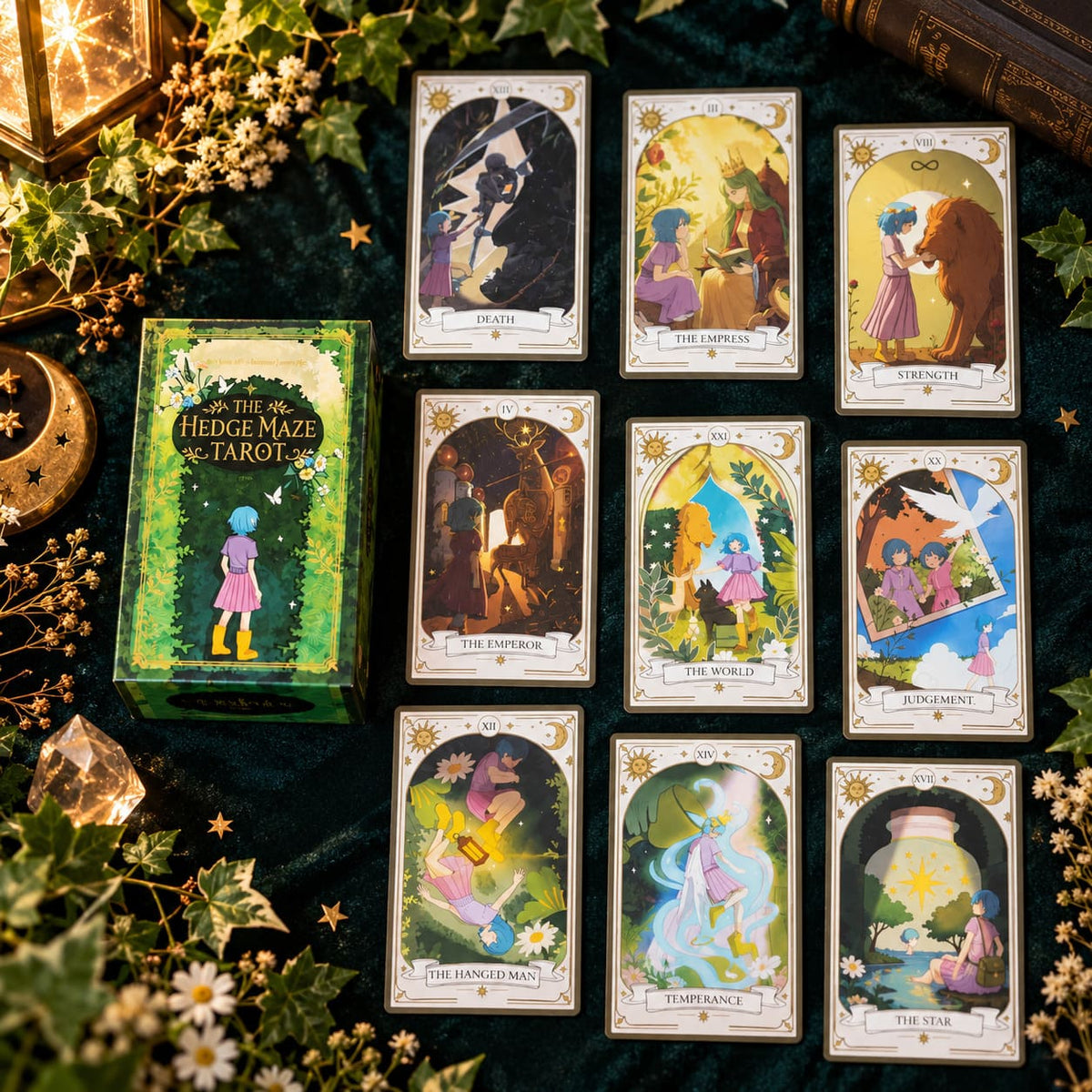 The Hedge Maze Tarot green box beside nine illustrated tarot cards, flowers and warm lantern light.