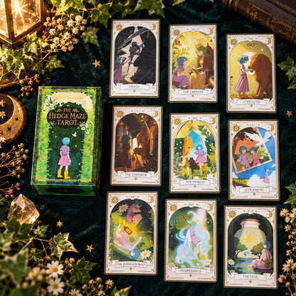 The Hedge Maze Tarot green box beside nine illustrated tarot cards, flowers and warm lantern light.