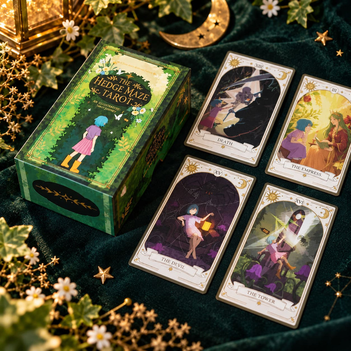 The Hedge Maze Tarot green box with four illustrated cards, white flowers and a golden crescent moon.