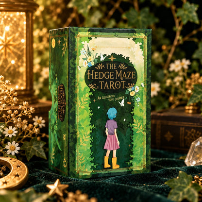 The Hedge Maze Tarot green gold-foil box featuring a girl at a garden maze entrance among flowers.