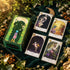 The Hedge Maze Tarot upright green box with four face-up cards on dark velvet beside flowers and a lantern.