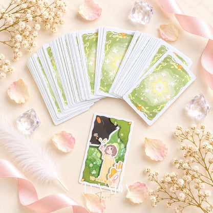 Un fanático de las cartas del Tarot del King Theatre que muestran bordes de color verde pálido y un dorso verde a juego con un resplandor solar amarillo.
