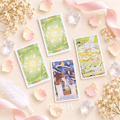 Dos reversos de cartas del King Theatre Tarot de color verde pálido con pequeños motivos de sol junto a una colorida carta de escenario ilustrada.