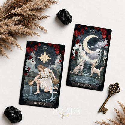 The Lost Land Tarot Fading Edition Star and The Moon cards in a dark watercolor fantasy spread