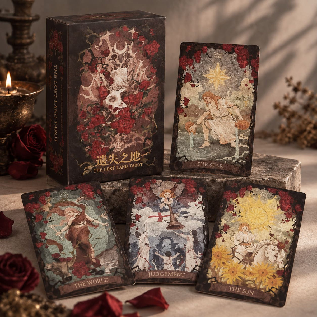The Lost Land Tarot dark watercolor fantasy cards in Rebirth and Fading editions for shadow work
