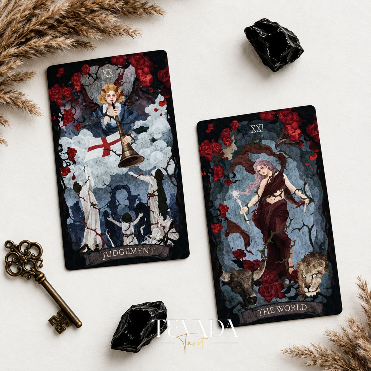 The Lost Land Tarot Fading Edition Judgement and The World cards displayed in close-up