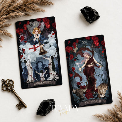 The Lost Land Tarot Fading Edition Judgement and The World cards displayed in close-up