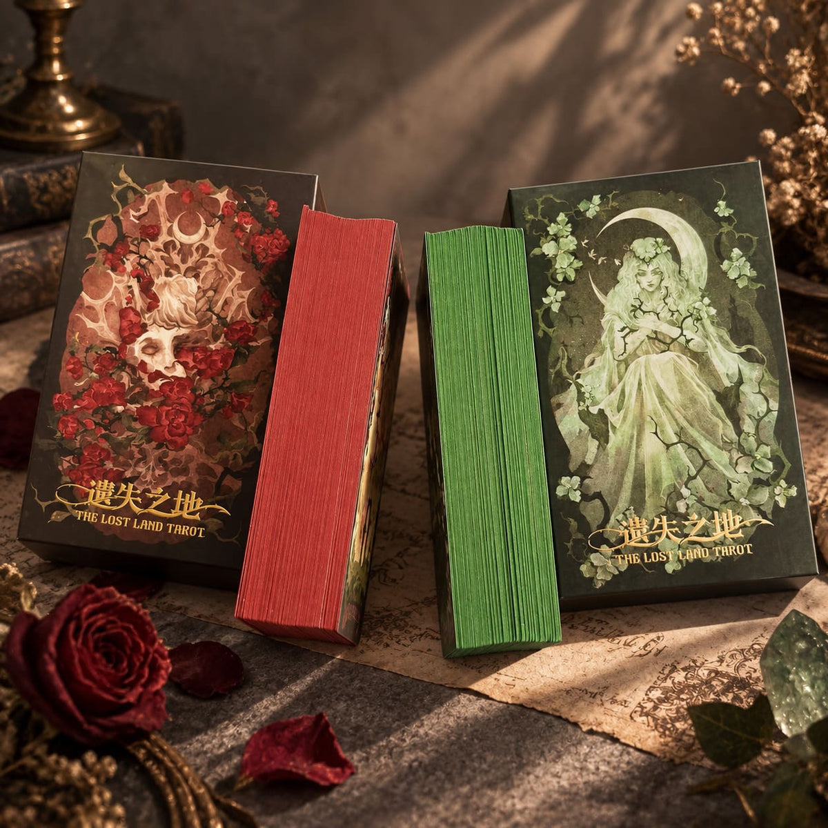 The Lost Land Tarot dark watercolor fantasy cards in Rebirth and Fading editions for shadow work