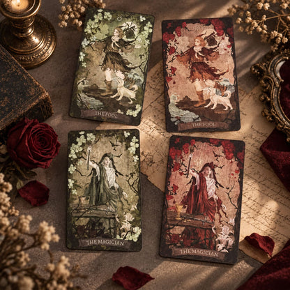 The Lost Land Tarot dark watercolor fantasy cards in Rebirth and Fading editions for shadow work