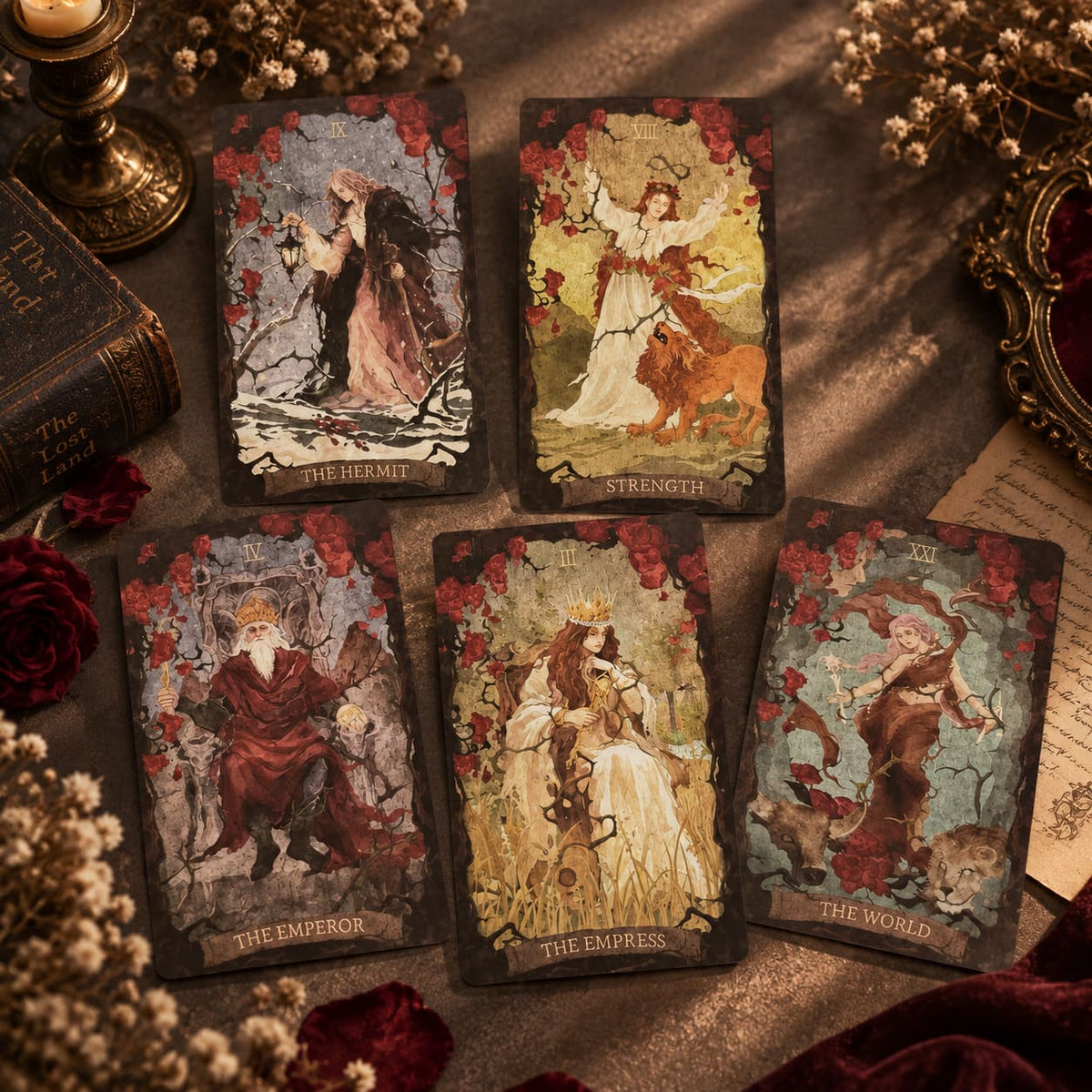 The Lost Land Tarot dark watercolor fantasy cards in Rebirth and Fading editions for shadow work