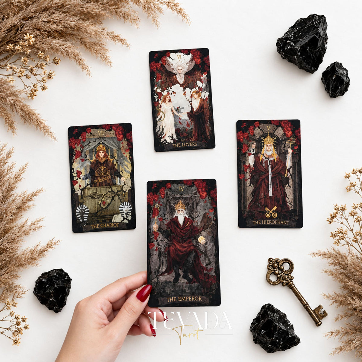 The Lost Land Tarot card spread featuring major arcana figures including The Lovers, The Chariot, and The Hierophant