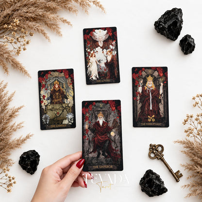 The Lost Land Tarot card spread featuring major arcana figures including The Lovers, The Chariot, and The Hierophant