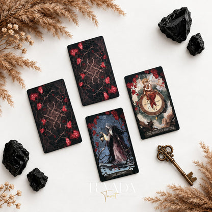 The Lost Land Tarot Fading Edition spread with ornate card backs and face-up dark watercolor tarot cards