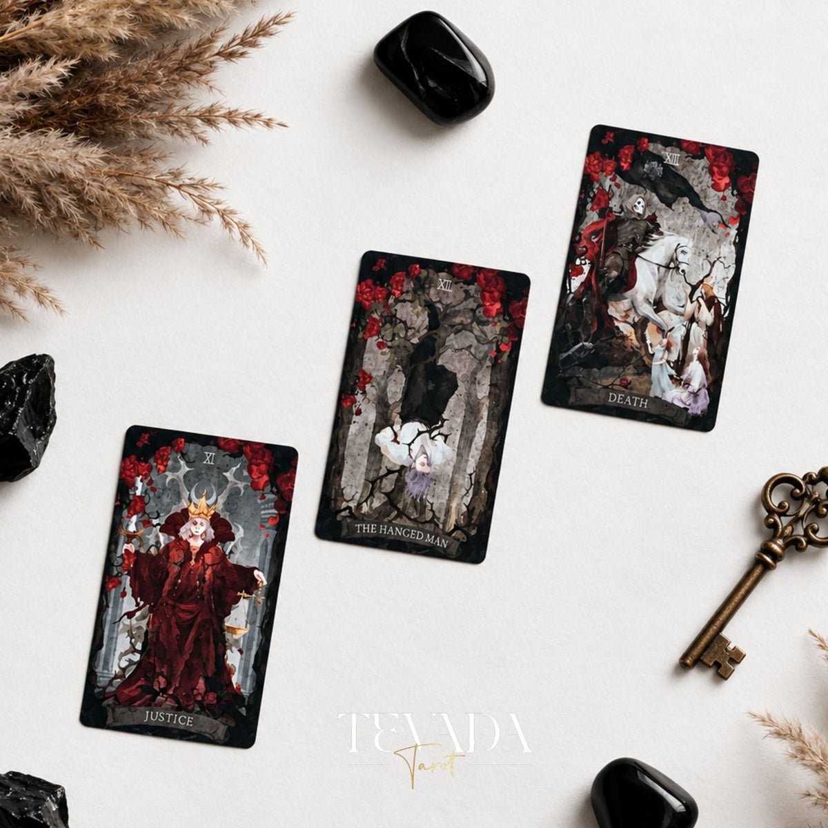 The Lost Land Tarot Fading Edition cards including The Hanged Man, Death, and other shadowy figures