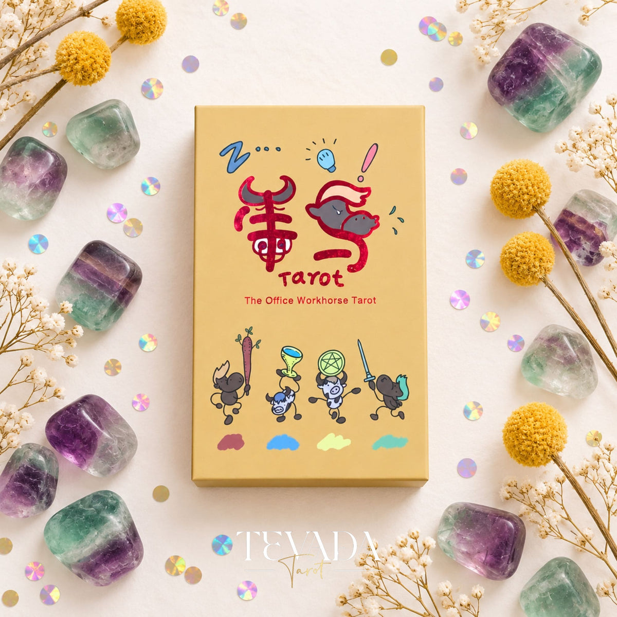 The Office Workhorse Tarot product image showing Judgment and an HR-themed workplace scene among crystals and pastel decorations.