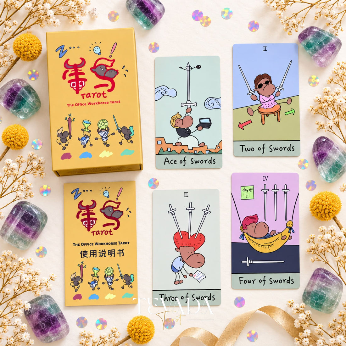 The Office Workhorse Tarot box and illustrated cards including the Fool and Magician arranged with crystals and dried flowers.