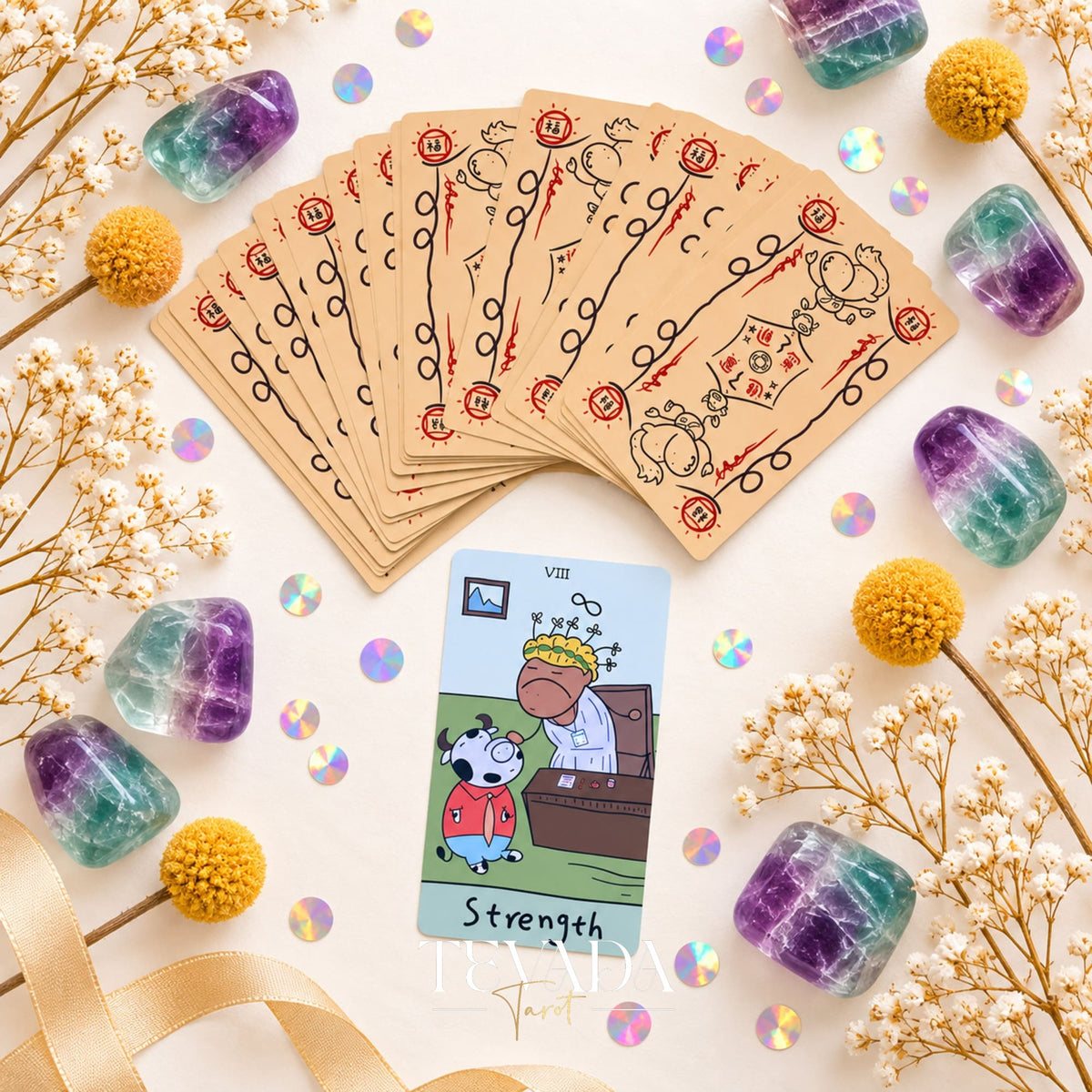 The Office Workhorse Tarot cards arranged around the deck box, highlighting playful cow characters and bright pastel artwork.