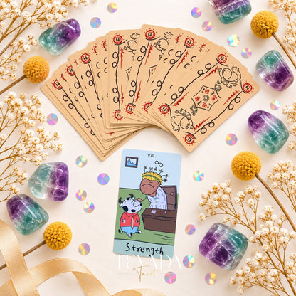The Office Workhorse Tarot cards arranged around the deck box, highlighting playful cow characters and bright pastel artwork.