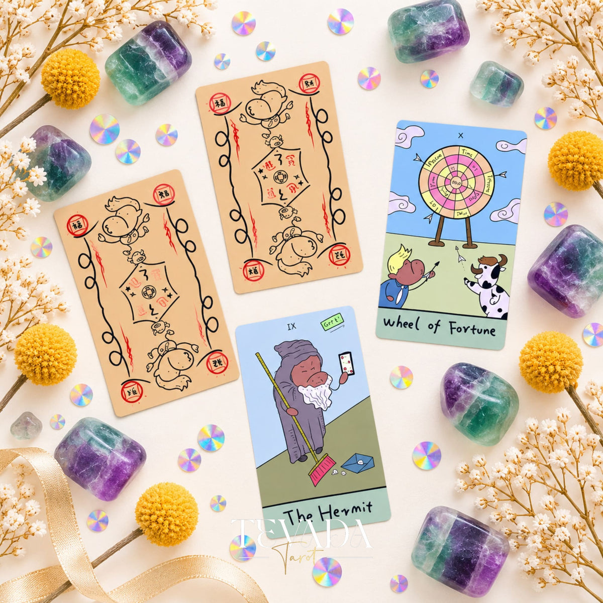 Fan of Office Workhorse Tarot cards with tan patterned backs and a crowned cow character card surrounded by crystals.