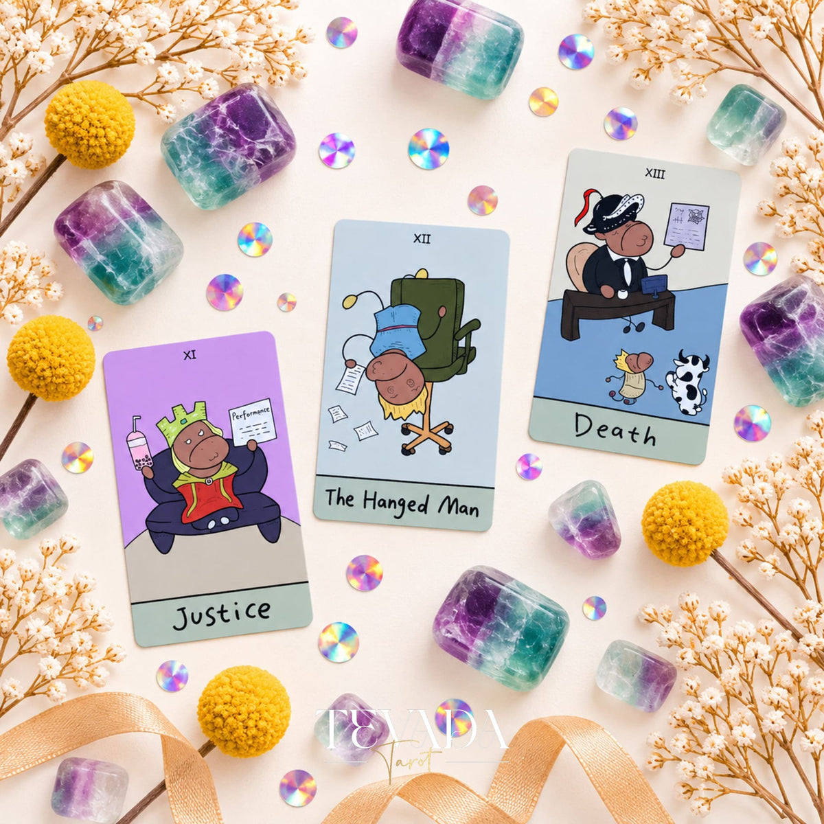 Office Workhorse Tarot card spread showing illustrated cow characters and whimsical worklife scenes on a pastel background.