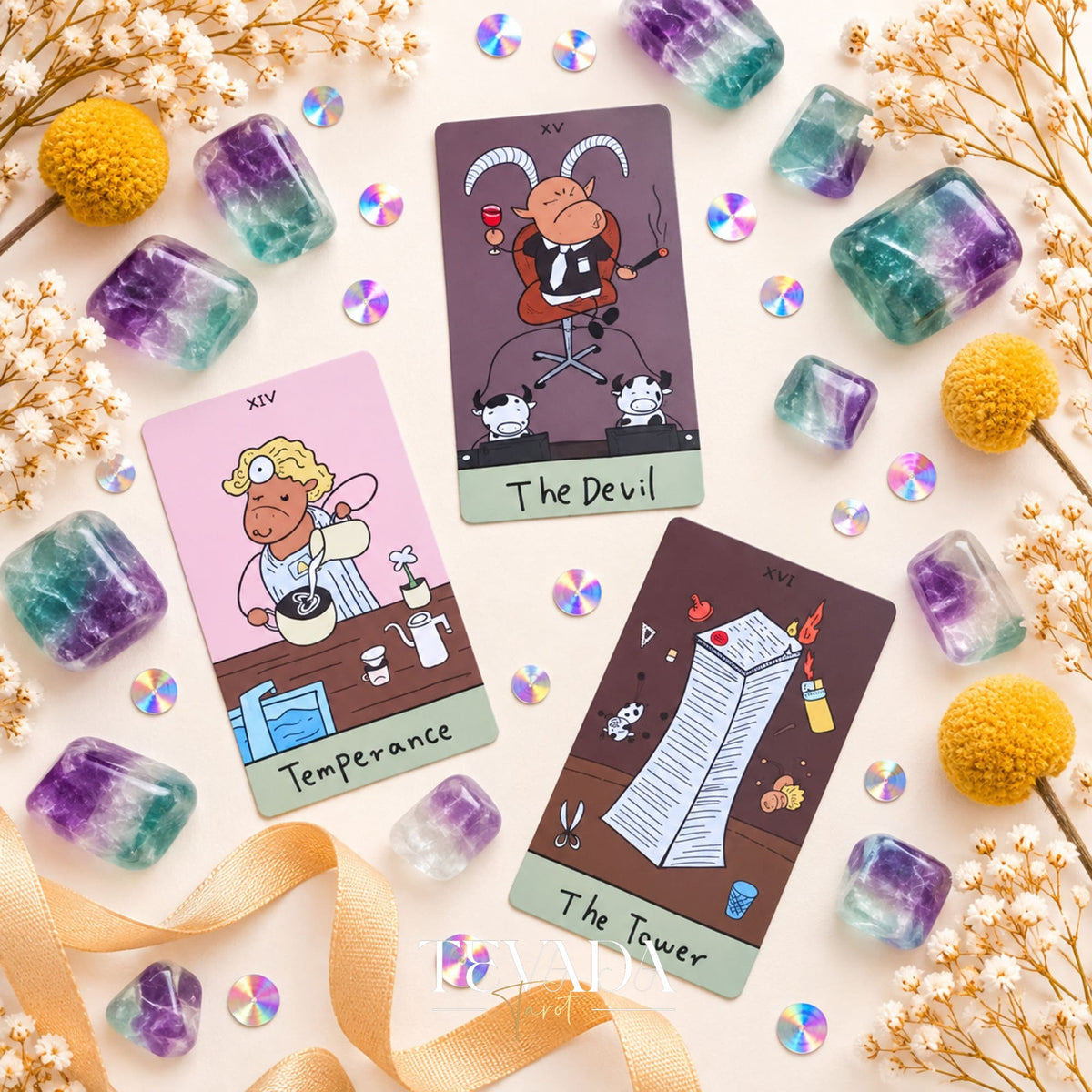 The Office Workhorse Tarot cards fanned beside crystals and flowers, showing humorous workplace-inspired tarot art.