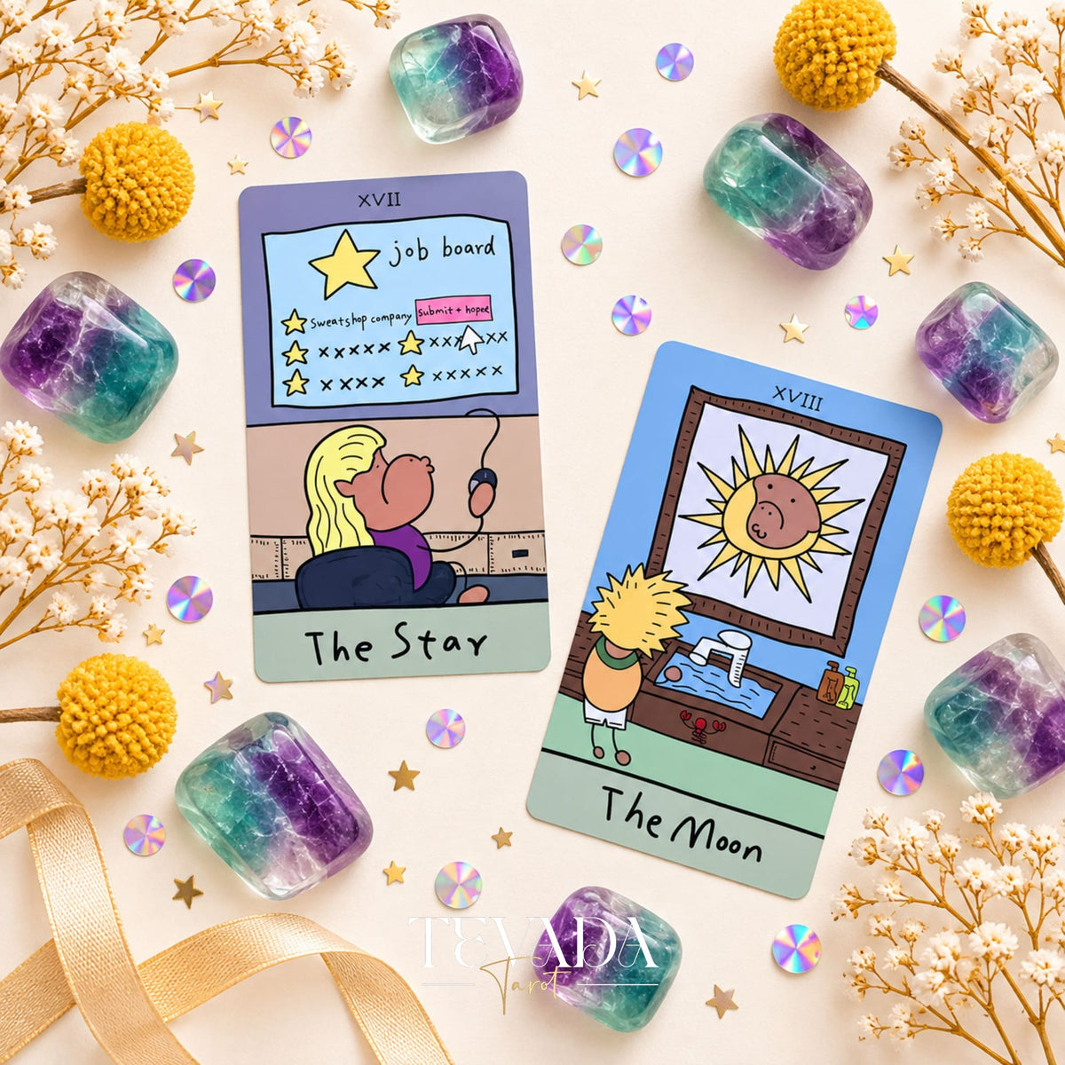 The Office Workhorse Tarot cards featuring The Devil, Temperance, and a humorous office scene with colorful crystals.