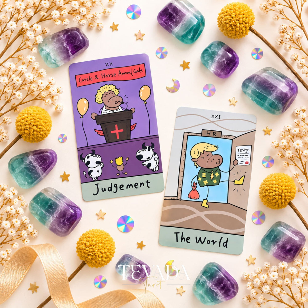 Close-up of The Office Workhorse Tarot workplace satire cards with The Devil, Temperance, and office details.
