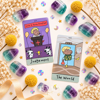 Close-up of The Office Workhorse Tarot workplace satire cards with The Devil, Temperance, and office details.