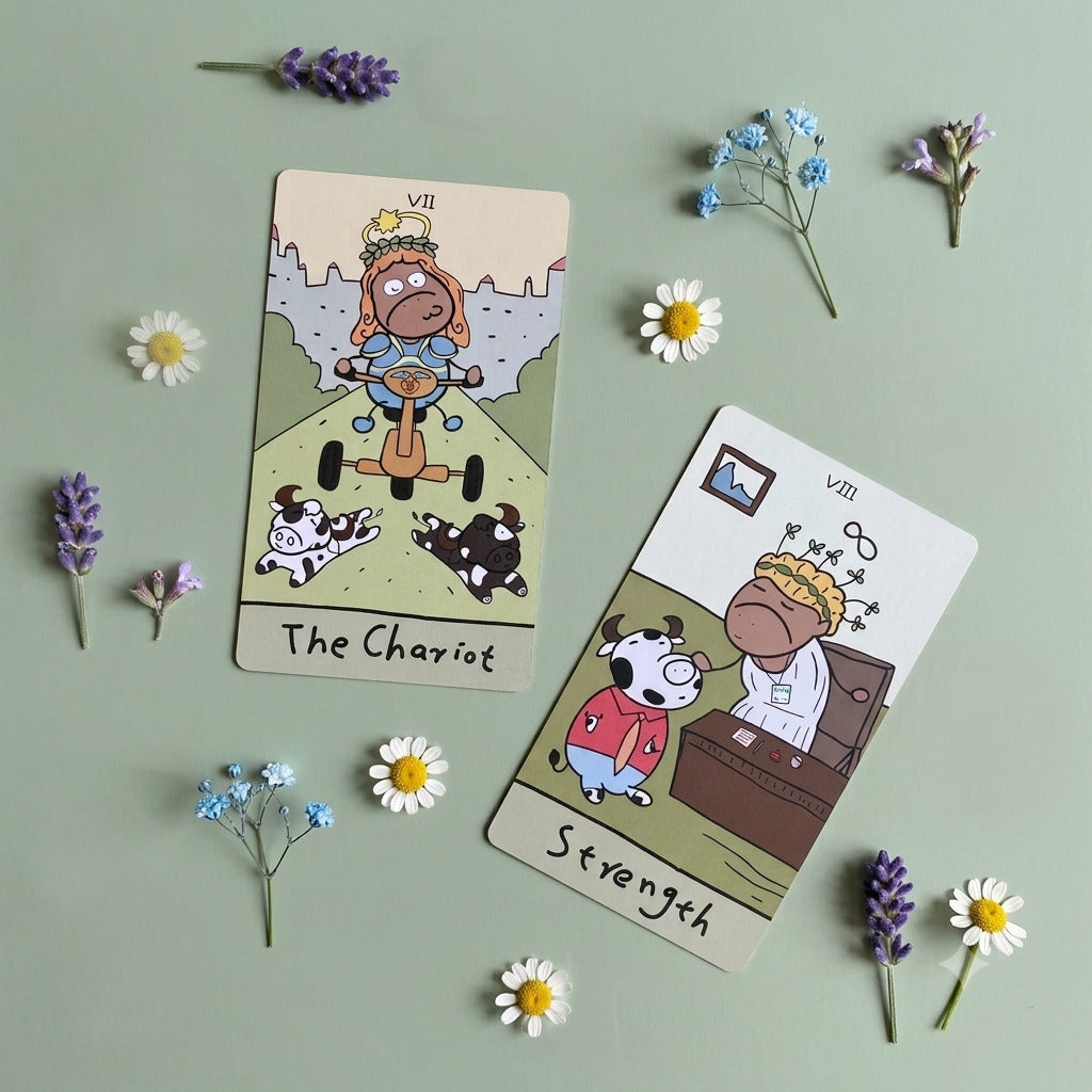 燃え尽き症候群の反省と日常のガイダンスのための、Office Workhorse Tarot の面白い牛のタロットデッキ