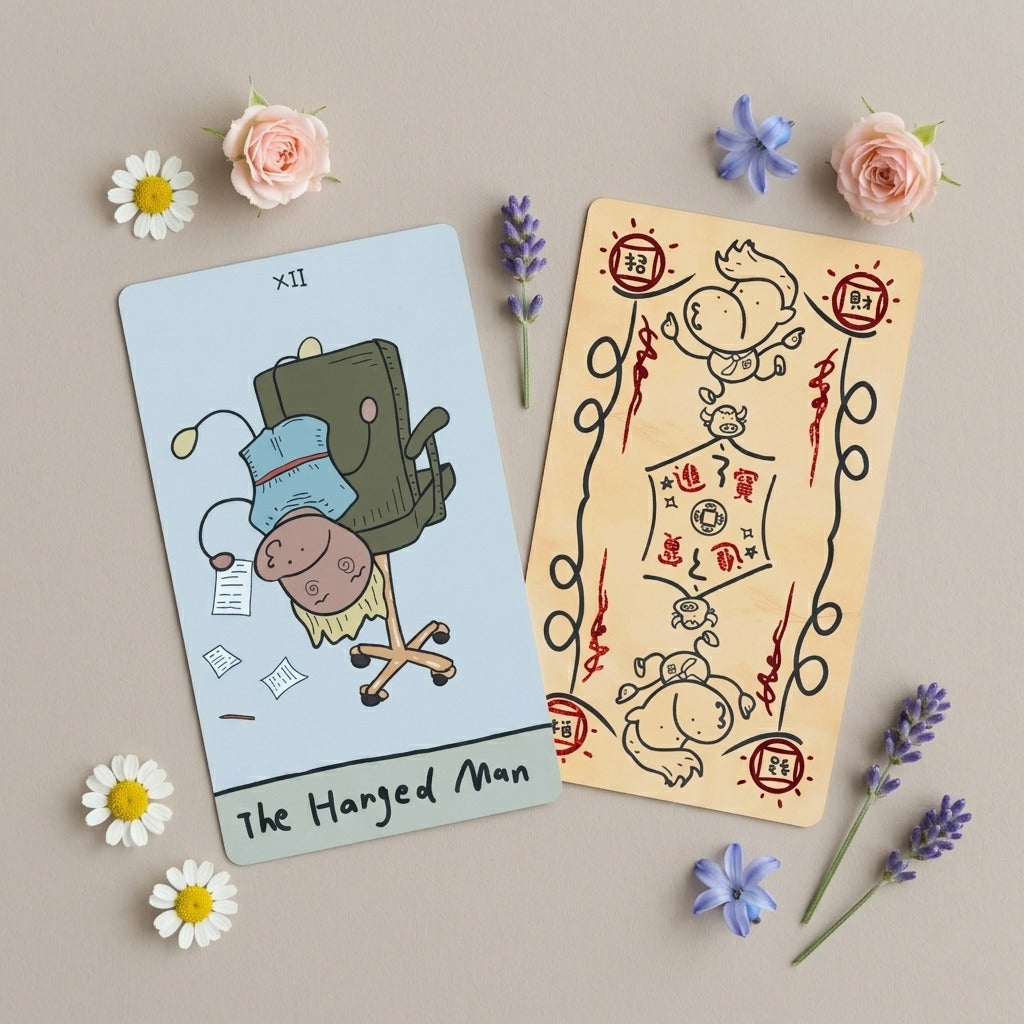燃え尽き症候群の反省と日常のガイダンスのための、Office Workhorse Tarot の面白い牛のタロットデッキ