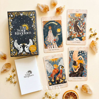 The Solar Kingdom Tarot featuring medieval woodcut art style and sun motifs for intuitive divination