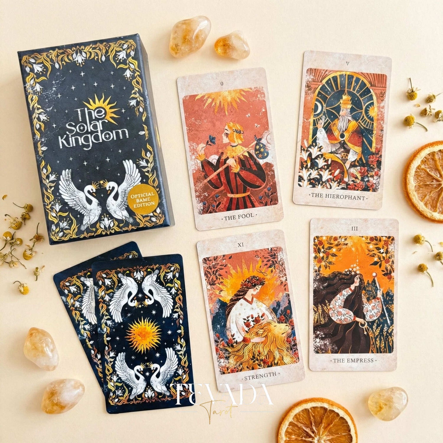 The Solar Kingdom Tarot featuring medieval woodcut art style and sun motifs for intuitive divination