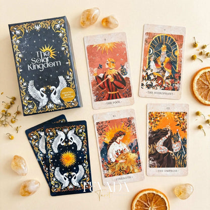 The Solar Kingdom Tarot featuring medieval woodcut art style and sun motifs for intuitive divination