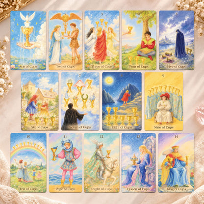 The Tenderness Tarot DELUXE Edition pastel pencil-style cards with floral motifs for reflective readings.