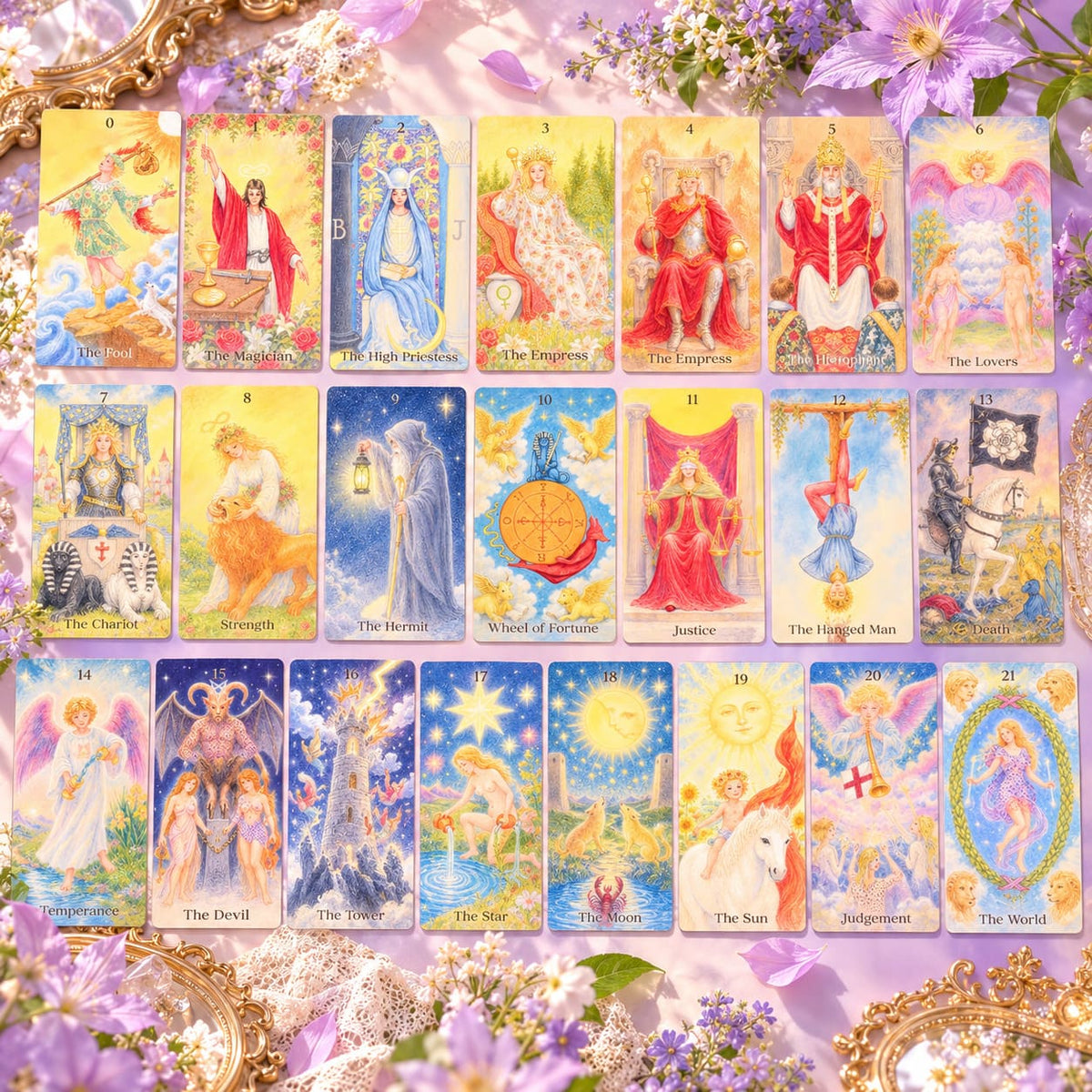 The Tenderness Tarot DELUXE Edition pastel pencil-style cards with floral motifs for reflective readings.