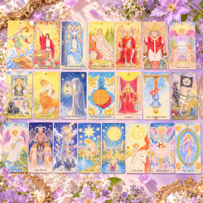 The Tenderness Tarot DELUXE Edition pastel pencil-style cards with floral motifs for reflective readings.