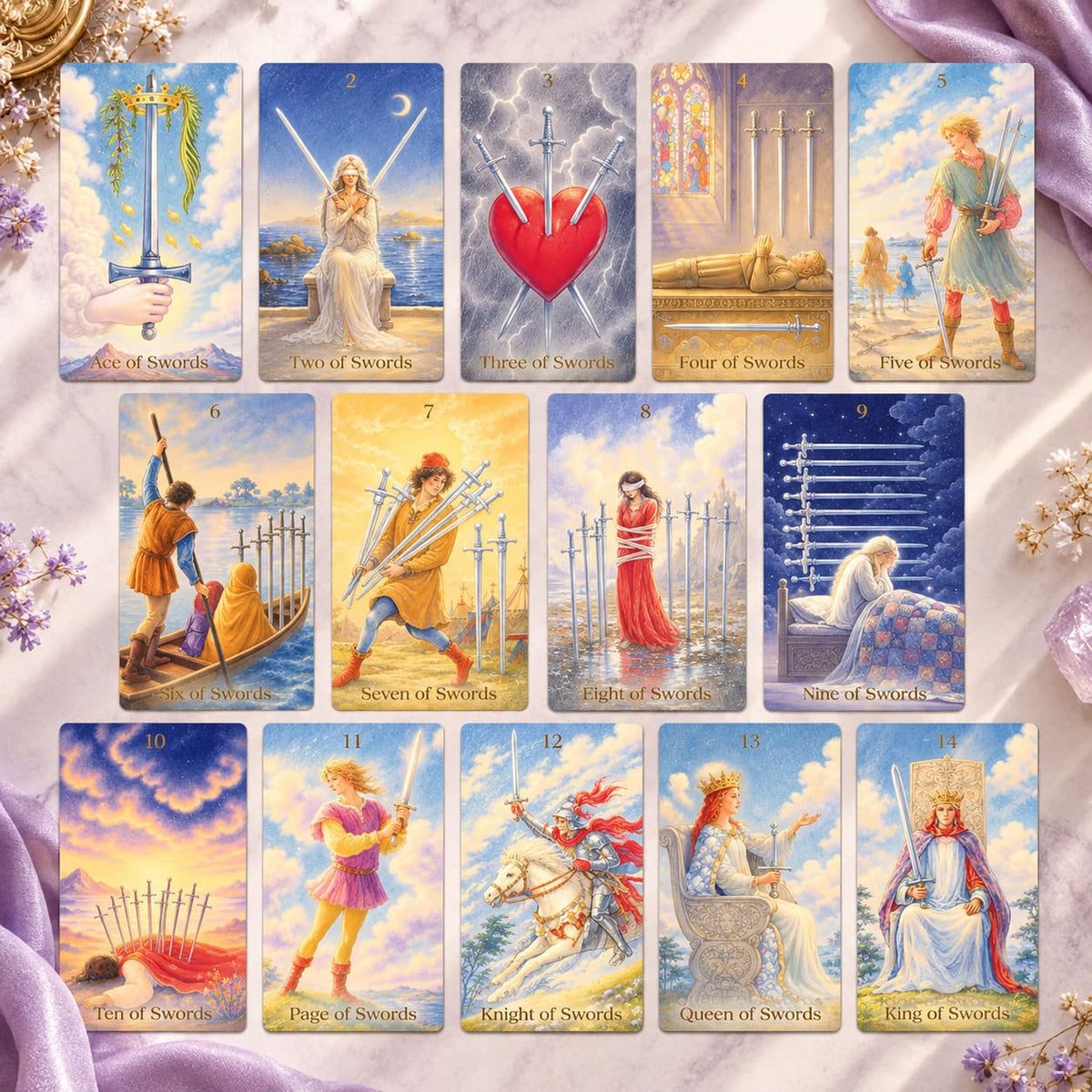 The Tenderness Tarot DELUXE Edition pastel pencil-style cards with floral motifs for reflective readings.