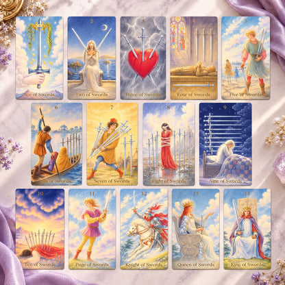 The Tenderness Tarot DELUXE Edition pastel pencil-style cards with floral motifs for reflective readings.