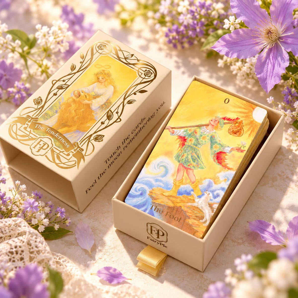 The Tenderness Tarot DELUXE Edition pastel pencil-style cards with floral motifs for reflective readings.