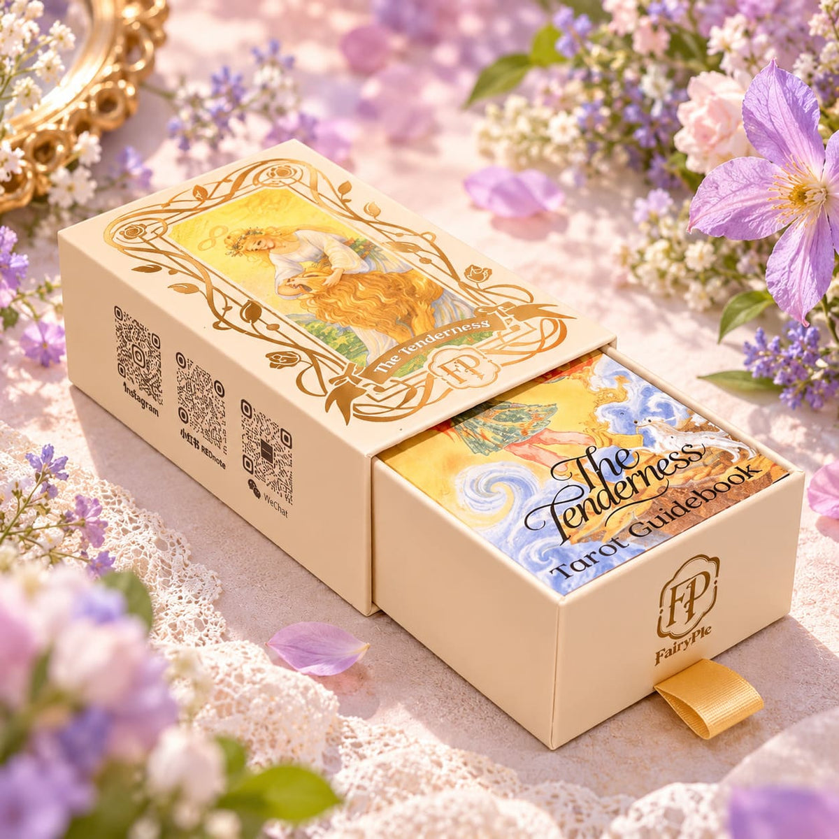 The Tenderness Tarot DELUXE Edition pastel pencil-style cards with floral motifs for reflective readings.