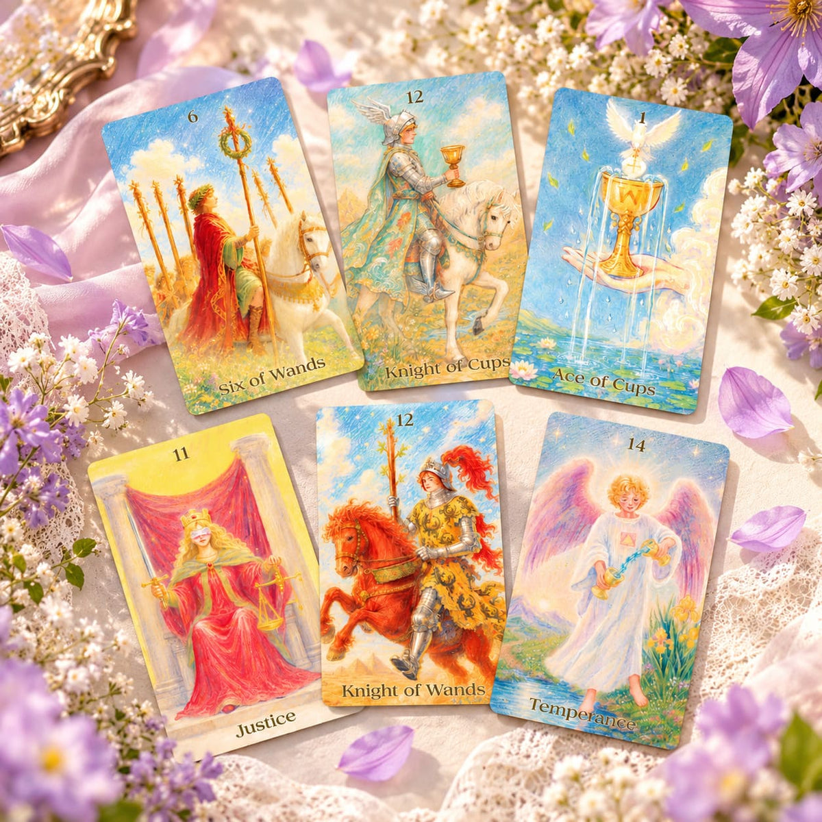 The Tenderness Tarot DELUXE Edition pastel pencil-style cards with floral motifs for reflective readings.