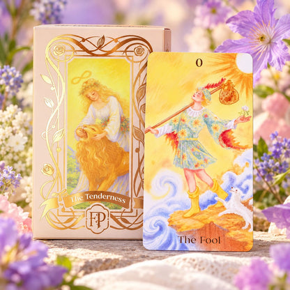 The Tenderness Tarot DELUXE Edition pastel pencil-style cards with floral motifs for reflective readings.