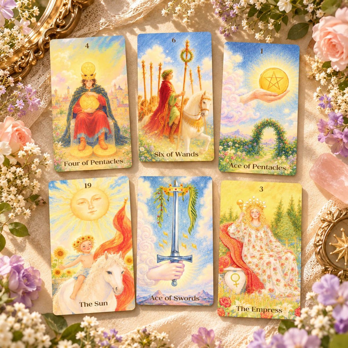 The Tenderness Tarot DELUXE Edition pastel pencil-style cards with floral motifs for reflective readings.