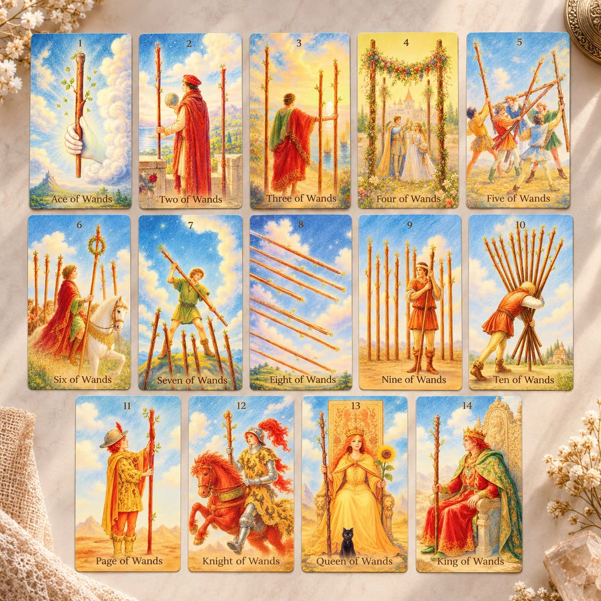 The Tenderness Tarot DELUXE Edition pastel pencil-style cards with floral motifs for reflective readings.