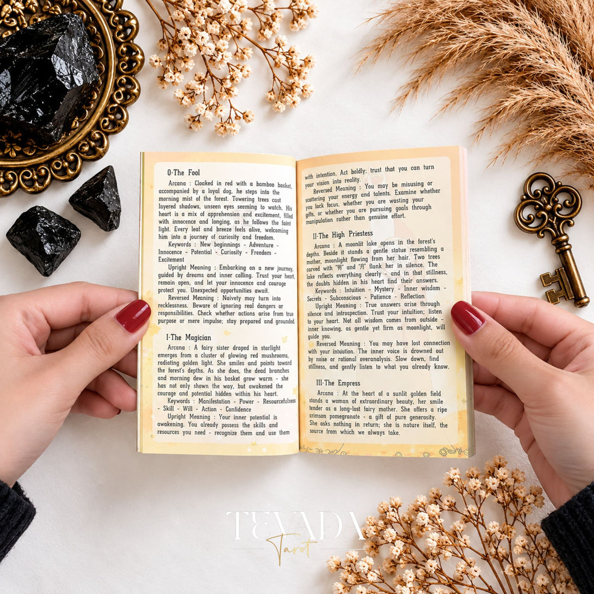 English guidebook pages for The Verdant Hollow Tarot with upright and reversed meanings