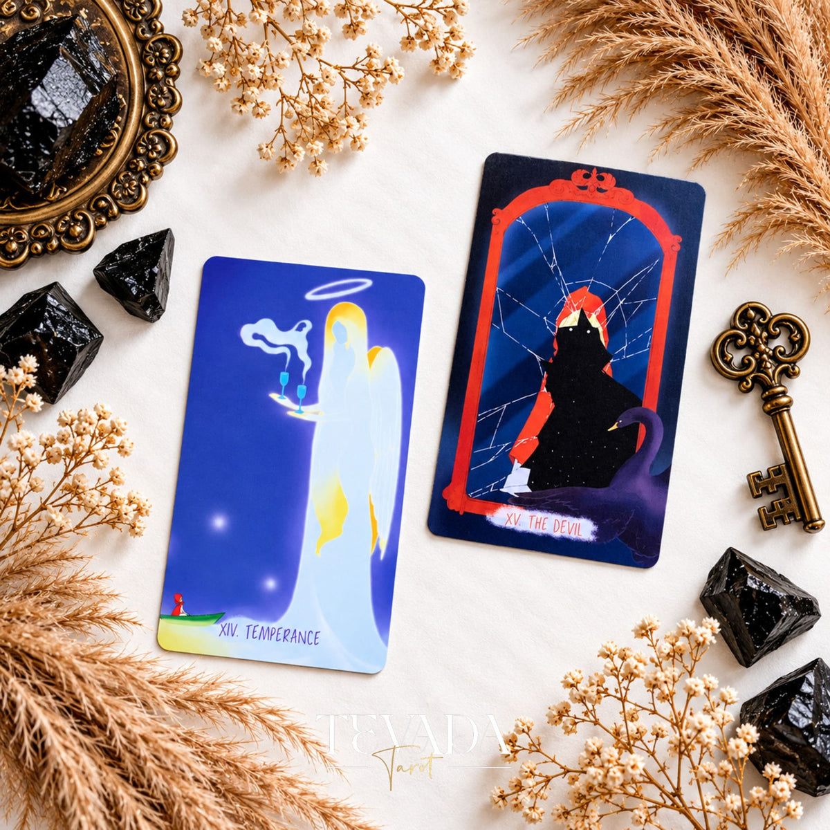 Temperance and Devil cards from The Verdant Hollow Tarot